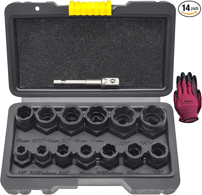 14 Pcs Bolt Nut Extractor Set with Knockout Bar | 3/8" Drive Wheel Lock Removal Kit for Extracting Damaged, Stripped Frozen Nuts & Screws, Impact Lug Nut Remover Socket Tool