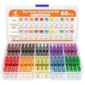 JOREST 60Pcs Car Fuse Assortment Kit - Replacement for Car/RV/Truck/Motorcycle(2Amp 3A 5A 7.5A 10A 15A 20A 25A 30A 35A 40A) - 30 Mini Blade Fuses Automotive + 30 Standard Auto Fuses + Fuse Puller