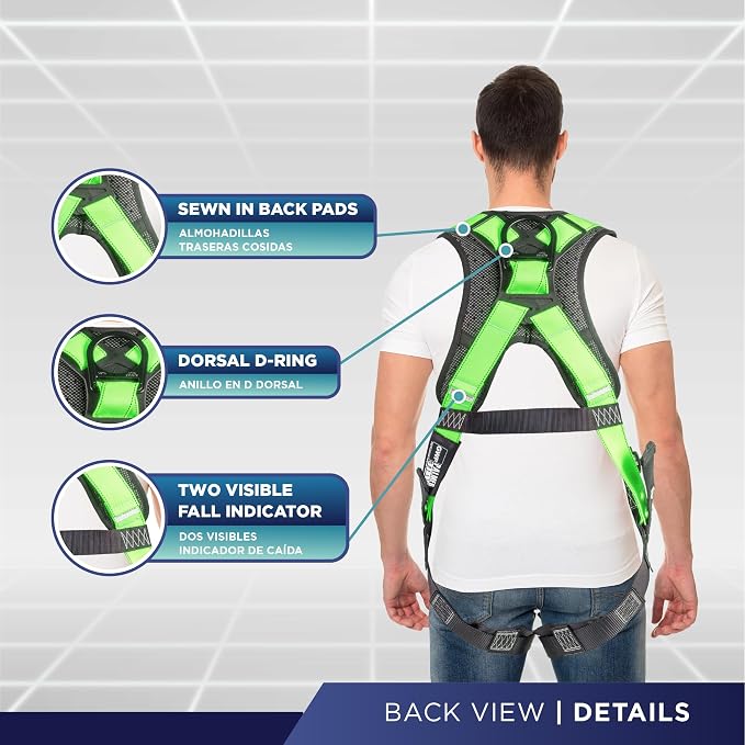 Full Body Harness with 5 Point Adjustment, Dorsal D-ring, Grommet Legs, Two Side D Rings, and Fall Indicators