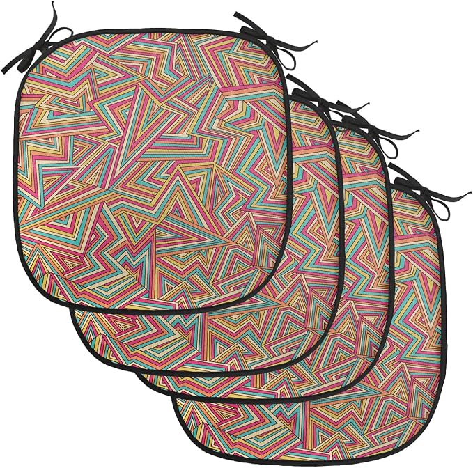 Lunarable Geometric Chair Cushion Pads Set of 4, Abstract Pattern Stripe Illusion Geometry Angles Stars Structure, Anti-Slip Seat Padding for Kitchen & Patio, 16"x16", Magenta Orange