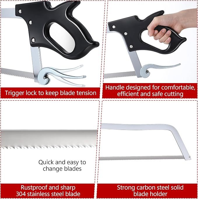 22 Inch Butcher Saw Meat and Bone, Professional Meat Processing Saw with Stainless Steel Blade, Quick Release Black Tightening Cam Comfort Handle, for Household, Processed Livestock and Game