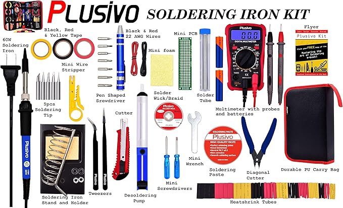 Soldering Iron Kit, 60W Soldering Iron Adjustable Temperature 30-in-1, 5 Solder Tips, Digital Multimeter, Solder Wire, Paste, Desoldering Pump, Tweezers for Electronics Hobby Enthusiast 120V US Plug