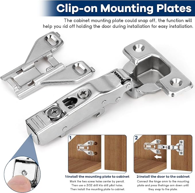 40 Pack 1/2'' Overlay Face Frame Soft Close Hidden Cabinet Hinges, 105 Degree 3D Adjustable Clip On Plate Concealed Kitchen Cupboard Door Hinges with Screws