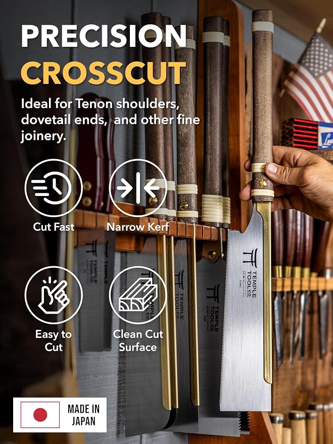 Temple Tool Co. Japanese Pull Saw - Crosscut 9.5 - Hand Saw for Joinery Crosscuts, Kumiko, Tenon Shoulders