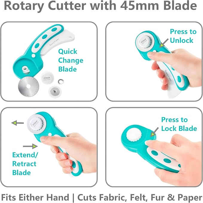 Quilting Kit with Quilting Ruler Holder, Rotary Cutter, Curved Corner Cutter Quilting Ruler, Slotted Quilting Ruler, Arcs Fans Quilt Circle Cutter Ruler, Non Slip Ruler Grip Rings, Heat Erasable Pens