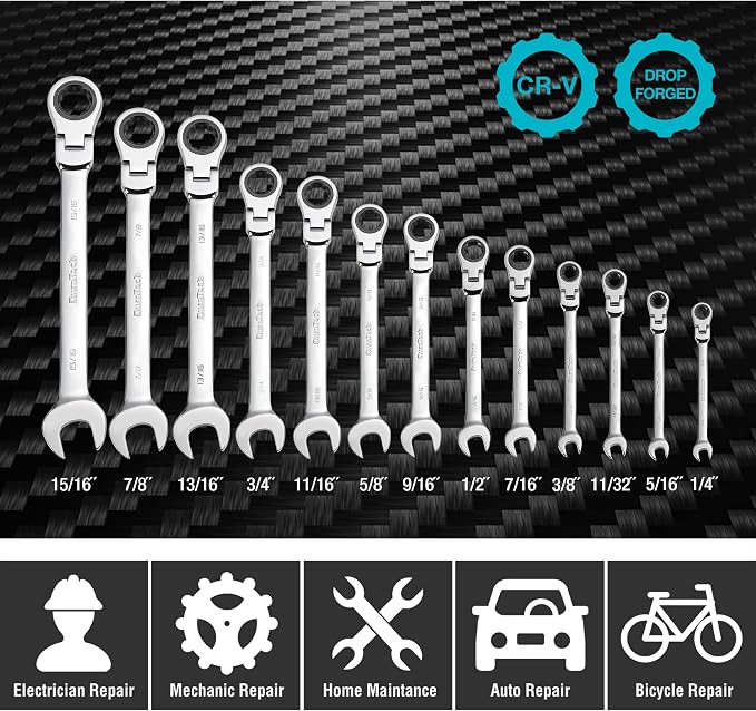 DURATECH Flex-Head Ratcheting Combination Wrench Set, SAE, 13-piece | 5/16" to 1/4", CR-V Steel, Rolling Pouch