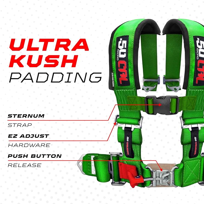 1pc 50 Cal Green 4 Point Harness 2 inch straps, Racing Harness Seat Belt | Ultra Kush padding, Push Button quick release hardware. Universal Fit for UTV, RZR, race car