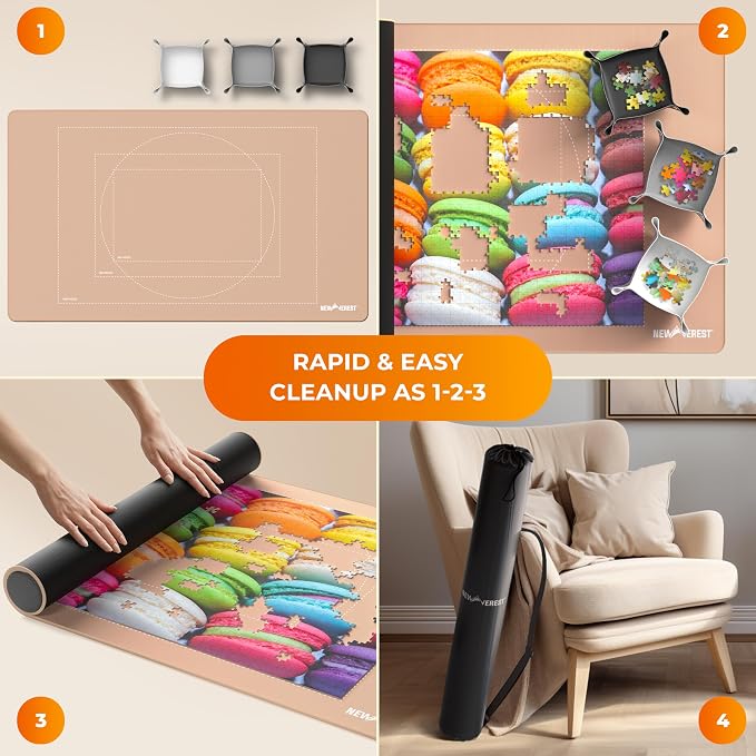 The Original Newverest Jigsaw Puzzle Mat Roll Up, Rose Gold, 39.4” x 23.6” Portable Keeper Up to 1000 Pieces with Non-Slip Rubber Bottom & Smooth Top + 3 Puzzle Sorting Trays & Travel Storage Bag