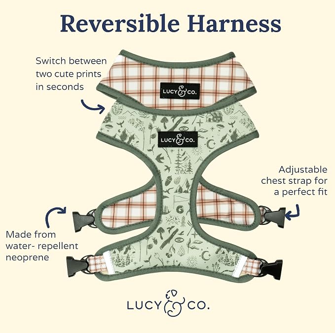 Lucy & Co. Reversible Dog Harness - Water-Repellent Neoprene, Dual-Print Design, Easy Swap Style, Adjustable Comfort Fit - Camp Out Reversible Harness - Small