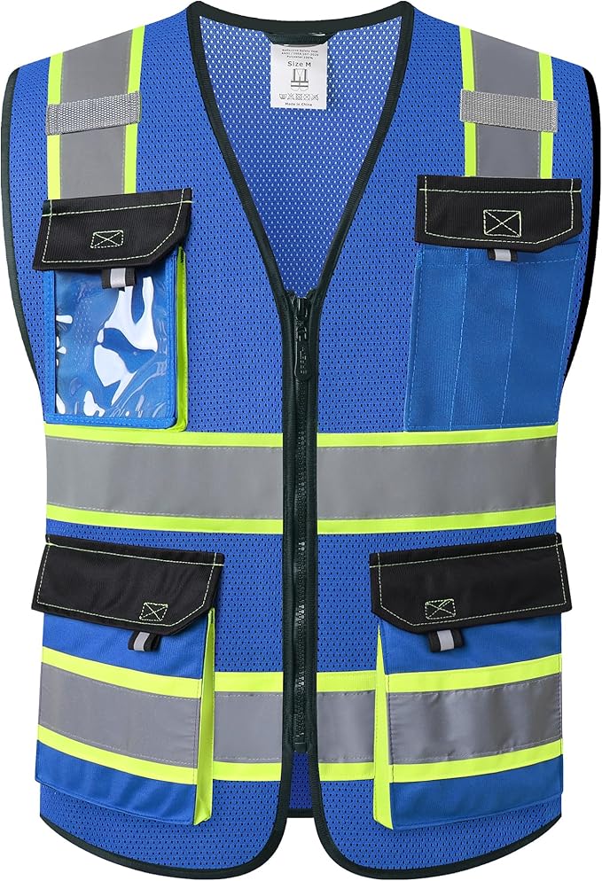 JKSafety Hi Vis Reflective Safety Vests for Men Women High Visibility Vest with Pockets Mesh Fabric Construction Safety Apparel Neon Vest for Work (220-Blue M)