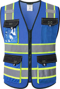JKSafety Hi Vis Reflective Safety Vests for Men Women High Visibility Vest with Pockets Mesh Fabric Construction Safety Apparel Neon Vest for Work (220-Blue XL)