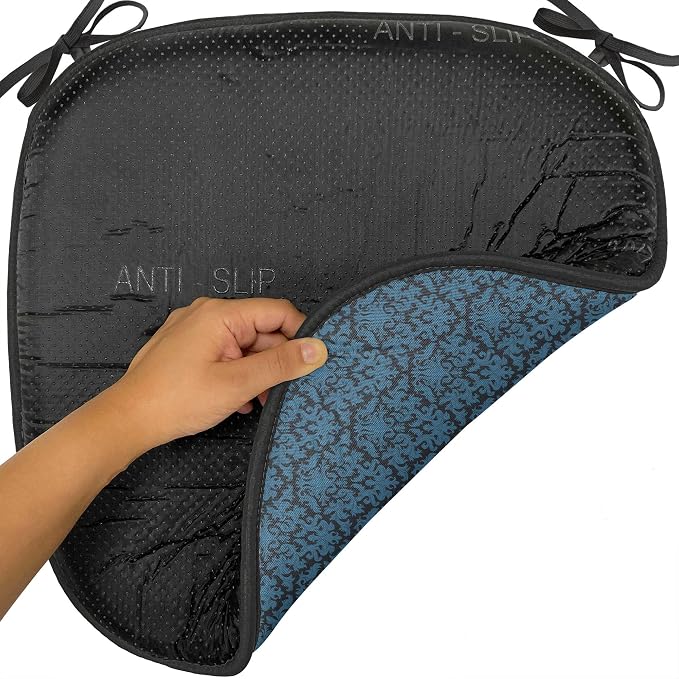Lunarable Damask Blue Chair Seating Cushion Set of 2, Repetition with Rococo Inspired Royal Style Ornamental Pattern, Anti-Slip Seat Padding for Kitchen & Patio, 16"x16", Dark Grey and Turquoise