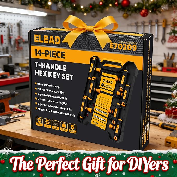 ELEAD 14-Piece T-handle Allen Wrench Set, Metric 2.5mm-10mm & SAE 1/8"-3/8" Portable Hex Key, Long Arm Allen Key Set with Storage Box for Basic Home Repair and Mechanical Maintenance