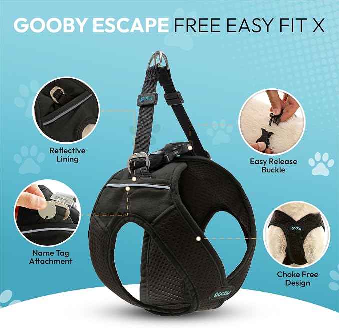 Gooby Escape Free Easy Fit X Step-in Dog Harness, Vegas Black, Large | Patented escape-free, tightens on back-out; Choke-free X-frame + V-neck; Quick-release buckle; Reflective trim