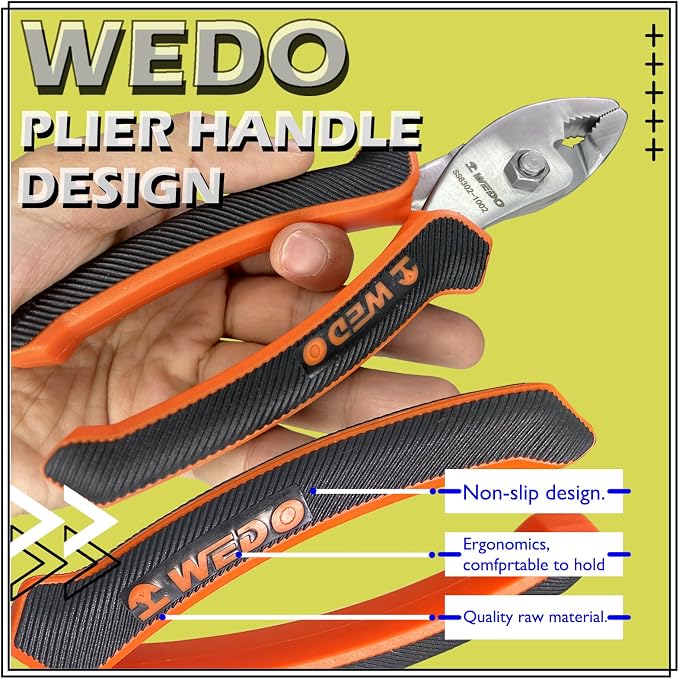 WEDO Slip Joint Pliers,Stainless Steel Combination Pliers,Wire Cutter with Anti-slippery Handle,Corrosion Resistant,Rust Proof,Surface without Chrome,Length 8"(200mm)
