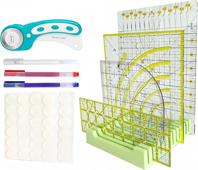Quilting Kit with Quilting Ruler Holder, Rotary Cutter, Curved Corner Cutter Quilting Ruler, Slotted Quilting Ruler, Arcs Fans Quilt Circle Cutter Ruler, Non Slip Ruler Grip Rings, Heat Erasable Pens