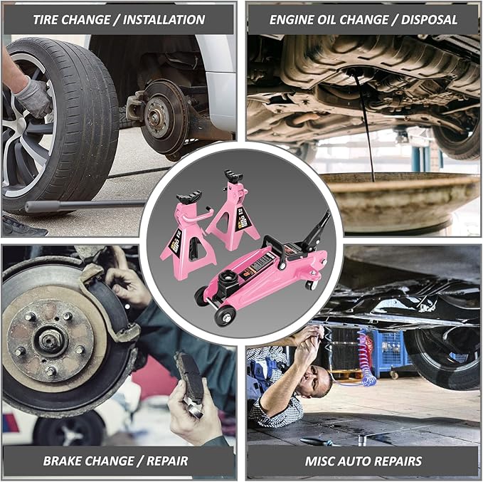DNA Motoring 2 Ton Car Jack and Stands Kit 2T(4000 lbs) Capacity Low Profile Hydraulic Trolley Service/Floor Jack with 2 Ratchet Stands Combo for Home Garage Shop, Pink, TOOLS-00476-PK