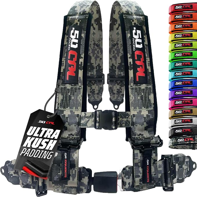 1pc 50 Cal Camo 4 Point Harness 2in Straps, Racing Harness Seat Belt | Ultra Kush padding, Push Button quick release hardware. Universal Fit for UTV, RZR, race car.