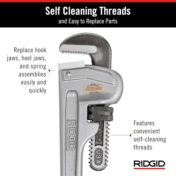 RIDGID 31095 Model 814 Aluminum Straight 14" Plumbing Pipe Wrench, Silver, Made in the USA