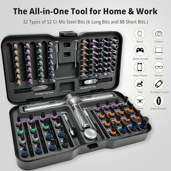 ViviDreamore 100 in1 Magnetic Ratcheting Screwdriver Set, 94 S2 Steel Bits, Storage Case for Computer, Drone, Furniture, Bicycle & DIY, Black