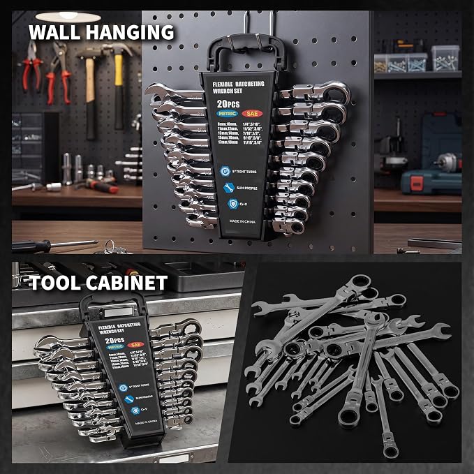Garvee 20 Piece Ratcheting Combination SAE & Metric Wrench Set | Metric 8-18mm & SAE 1/4"-3/4" Arc CR-V Steel 72-Tooth 5° Swing | for Automotive Repair & Home Maintenance