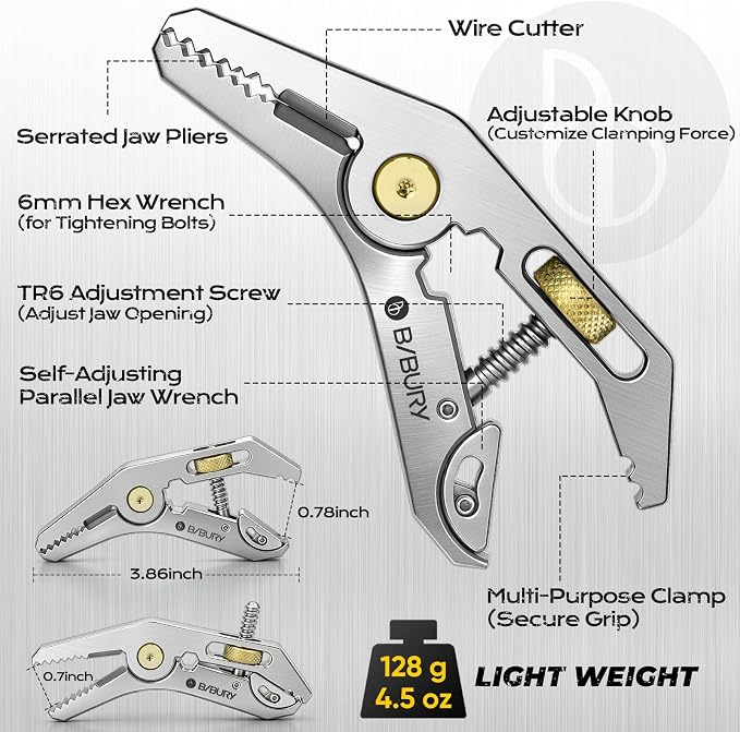 BIBURY Mini Multitool Pliers, 5-in-1 Pocket Grip Wrench with Adaptive Parallel Jaws, Heavy Duty 420HC Stainless Steel Pocket Multi Tool with Screwdriver, Pipe Grip and Bottle Opener for EDC Fix Tool