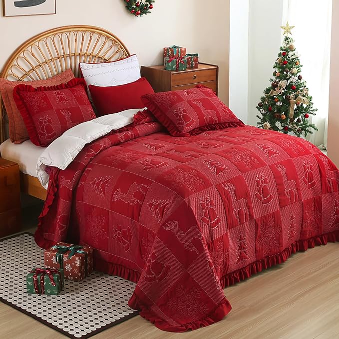 Cmfshape Christmas Embroidery Quilt Set,3 Pieces Queen Size Xmas Tree Reindeer Pattern Bedding Set,Reversible Christmas Bedspread Coverlet,Holiday Bedding(Red,92"x96")