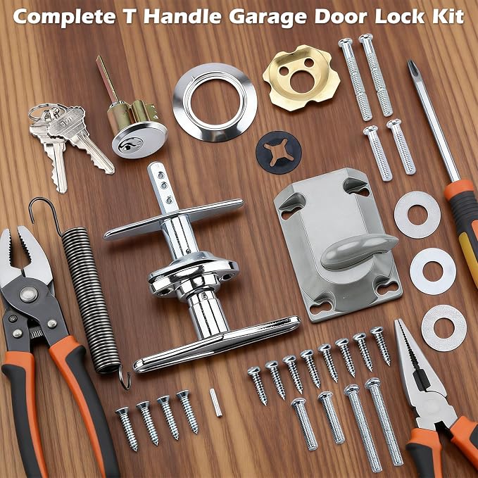Garage Door Lock Set with T Handle, Center Mount Deadbolt Lock with Keyed Cylinder, Complete Installation Kit for Most Garage Doors Up to 2-1/2" Thick