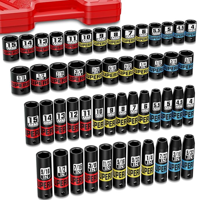 50 Piece 1/4" Drive Impact Socket Set, SAE (5/32" - 9/16") & Metric (4 mm - 15 mm), Deep and Shallow Sockets, Auto Repair Bicycle Maintenance and Furniture Assembly
