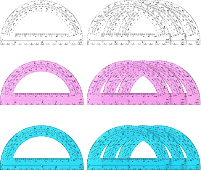 Zonon 12 Pack 6 Inch Plastic Protractor 180 Degrees Pink Blue Clear Protractors for Classroom, School, Math, Teacher, Student Office Supplies, Geometry, Angle Measurement, Christmas Gifts