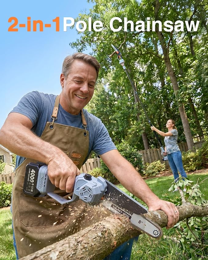 TaskStar 2-in-1 Pole Saw for Tree Trimming, 8-Inch Cordless Brushless Chainsaw with Adjustable Extension Pole, 2×4.0Ah Rechargeable Batteries & Charger, Auto Oiling, 15 Ft Max Reach