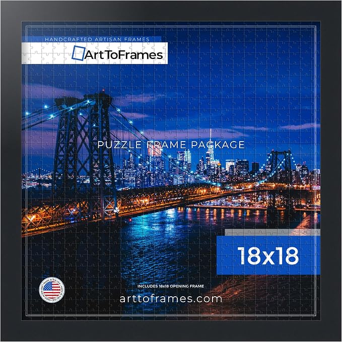 ArtToFrames Puzzle Frame for Buffalo Games 300 Piece Jigsaw Puzzles, 18x18 Inch (46x46 cm), Soft Black Engineered Wood with Economy Acrylic, Ready to Hang Puzzle Display