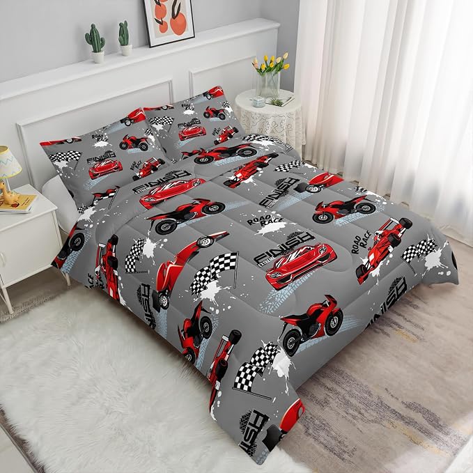 Axolotl Kids Racing Car Comforter Set King Size,Cartoon Race Car Bedding for Boys Girls Teen,Extreme Sport Bedding,Cars Racing Race Cars Quilt Bed Set with 1 Comforter 2 Pillowcases,Red Grey