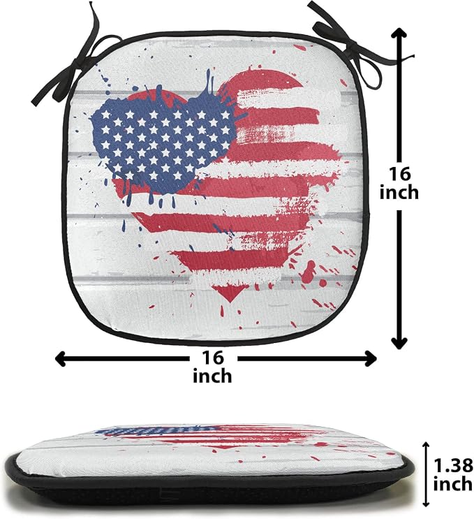 Lunarable Americana Chair Cushion Pads Set 12, USA Flag in Heart Shape on Wood Holiday Splattered Grunge Style Illustration, Anti-Slip Seat Padding for Kitchen & Patio, 16"x16", Cream Red Blue