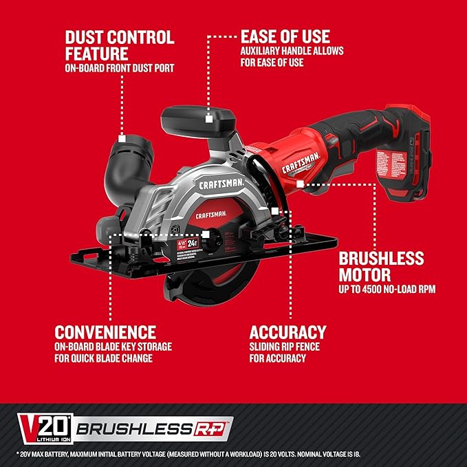 CRAFTSMAN V20 4-1/2 Inch Cordless Circular Saw, Bare Tool Only (CMCS405B)