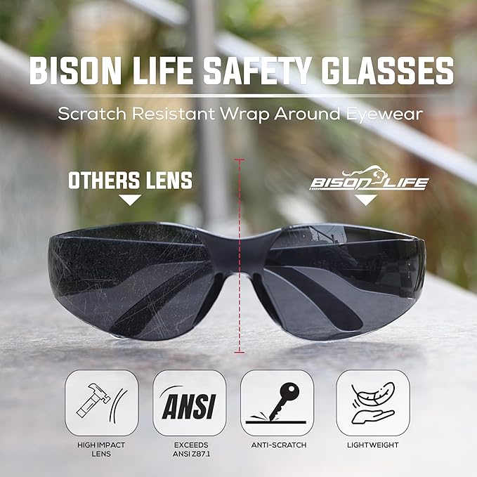 BISON LIFE Clear Safety Glasses – ANSI Z87.1 Scratch & Impact Resistant Wrap Around Eye Protection Goggles for Men & Women