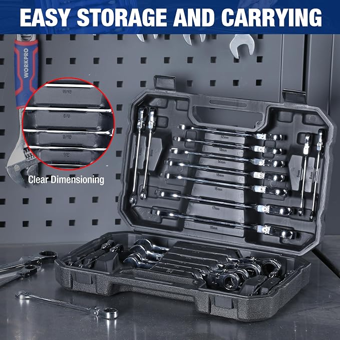 WORKPRO 22-Piece Ratcheting Wrench Set, Flex-Head & Polished | Metric & SAE (6-18 mm & 1/4-3/4''), 72 Teeth Cr-V Steel, Combination Wrench Set with Organizer Box for Auto Repair & Home DIY