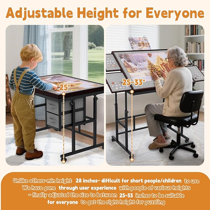 Doerpuz Jigsaw Puzzle Table with Drawers × 6,1500pcs Adjustable Height and Five up Angles Puzzle Tables for Adults with Drawers,Cover,Wheels for Indoor Game in Winter