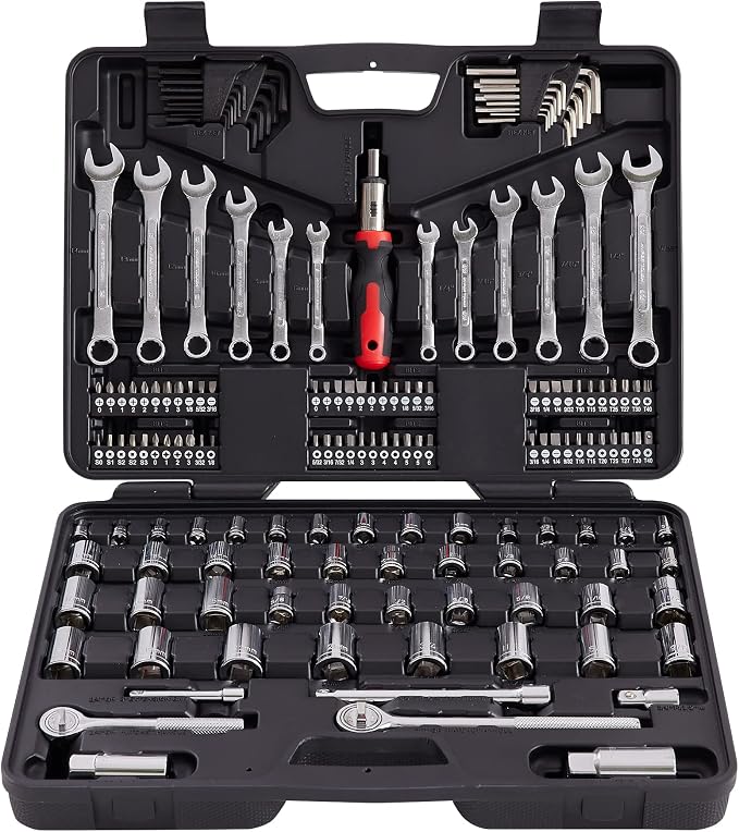 MECHMAX 161-Piece Mechanics Tool Set with SAE Metric Sockets | Premium alloy steel full socket wrench kit. Professional automotive repair hand tool set for garage, car and truck