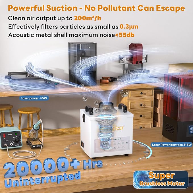 FumeClear Solder Fume Extractor - Powerful 100W Suction 200m³/h, Low-Noise, 3-Stage Filtration System with 12PCS Filters for Laser Welding Smoke Absorption and Desktop Soldering