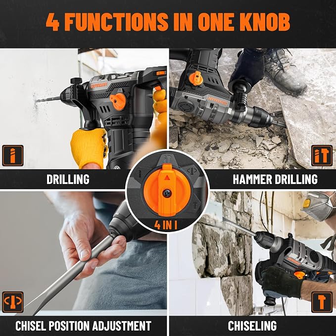 1-9/16'' SDS Rotary Hammer Drill, 12.5Amp Heavy Duty Rotary Hammer with 4 Functions, Safety Clutch, Vibration Control, Corded Hammer Drill for Concrete, Drill Bits and Chisels Included