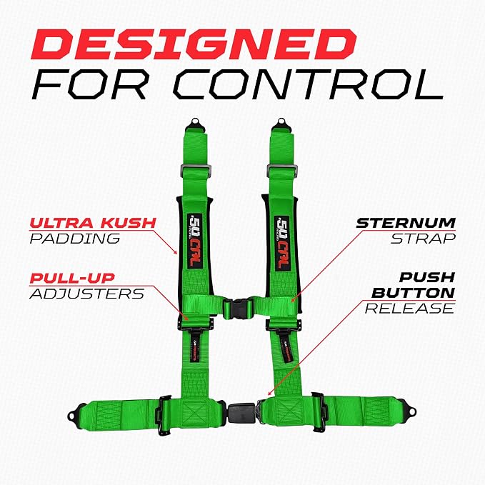 1pc 50 Cal Green 4 Point Harness 3in Straps, Racing Harness Seat Belt | Ultra Kush padding, Push Button quick release hardware. Universal Fit for UTV, RZR, race car.