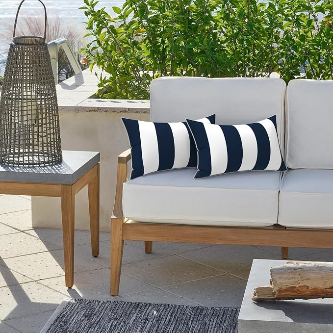 LVTXIII Set of 2 Outdoor Lumbar Pillows for Patio Furniture with White Piping, 12"x20" Fade Resistant Patio Lumbar Pillows with Inserts for Home Coach Sofa Use, Cabana Navy