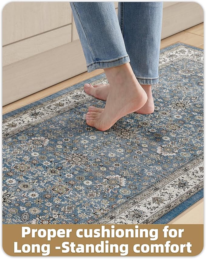 Color&Geometry Anti Fatigue Kitchen Mats for Floor 2 Piece 24"x59"+24"x87", Vintage Kitchen Rug Set, Waterproof & Oil Proof, 0.4" Thick Cushioned, Non-Slip Wide Runner for Sink, Laundry,Blue