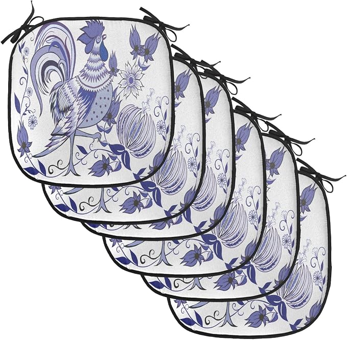Lunarable Gallus Chair Cushion Pads Set of 6, Floral Pattern with Flowers and Birds Feathers Wings Leaf Ornament Folk Art, Anti-Slip Seat Padding for Kitchen & Patio, 16"x16", Violet Blue White