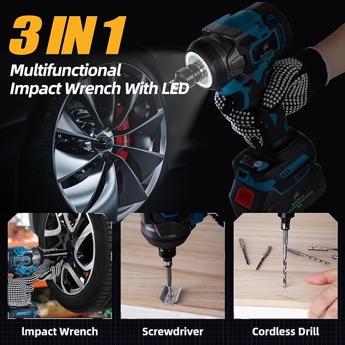 500 N.m Brushless Impact Wrench with Small Wrench, Waist Hook, 7 Sockets, 6 Screwdrivers and 6Drill Bits 3500 RPM Heavy Duty Impact Drill for Cars, RV, Truck,Home Furniture and DIY Projects