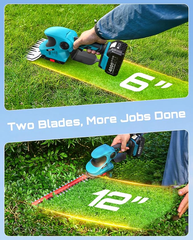 SEESII 4-in-1 Cordless Pole Hedge Trimmer: 20V 9-Ft Telescoping Shrub Trimmer & Grass Shear, 12" & 6'' Dual-Action SK5 Blades, 2 x 4.0Ah Batteries, Shoulder Strap for Tall Hedges & Lawn Edging