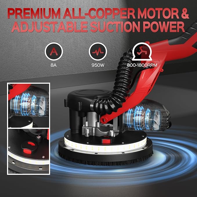 Drywall Sander, 2026 Upgraded 8-Amp Popcorn Ceiling Removal Tool with 7 Variable Speed 800-1800RPM, Drywall Sander with Vacuum Dust Collector with LED Light, Extendable Handle,12pcs Sanding Discs