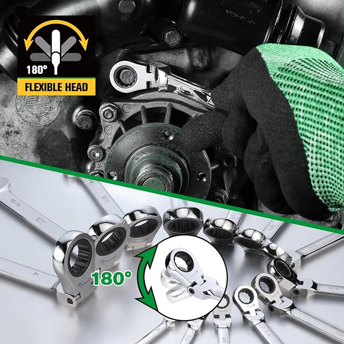 SK Flex Head Ratcheting Wrench Set, SAE 1/4'' to 1'', 13-Piece, 72-Tooth | Ratchet Wrenches Set, Combination Wrench Set, Chamfered Head Design, Premium CR-V Steel, Rack Organizer