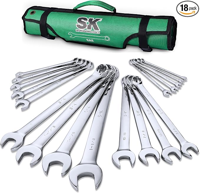 SK Combination Wrench Set, SAE 1/4" to 1-1/4", 18-Piece, Premium CR-V Steel | SuperKrome Finish, Drop Forged, 12-Point Wrenches, 15-Degree Offset, with Rolling Pouch